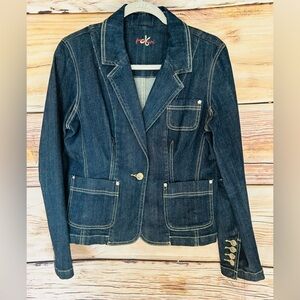 Premium Women’s Blue Dark Wash Long Sleeve V-Neck Denim Jacket Size Small